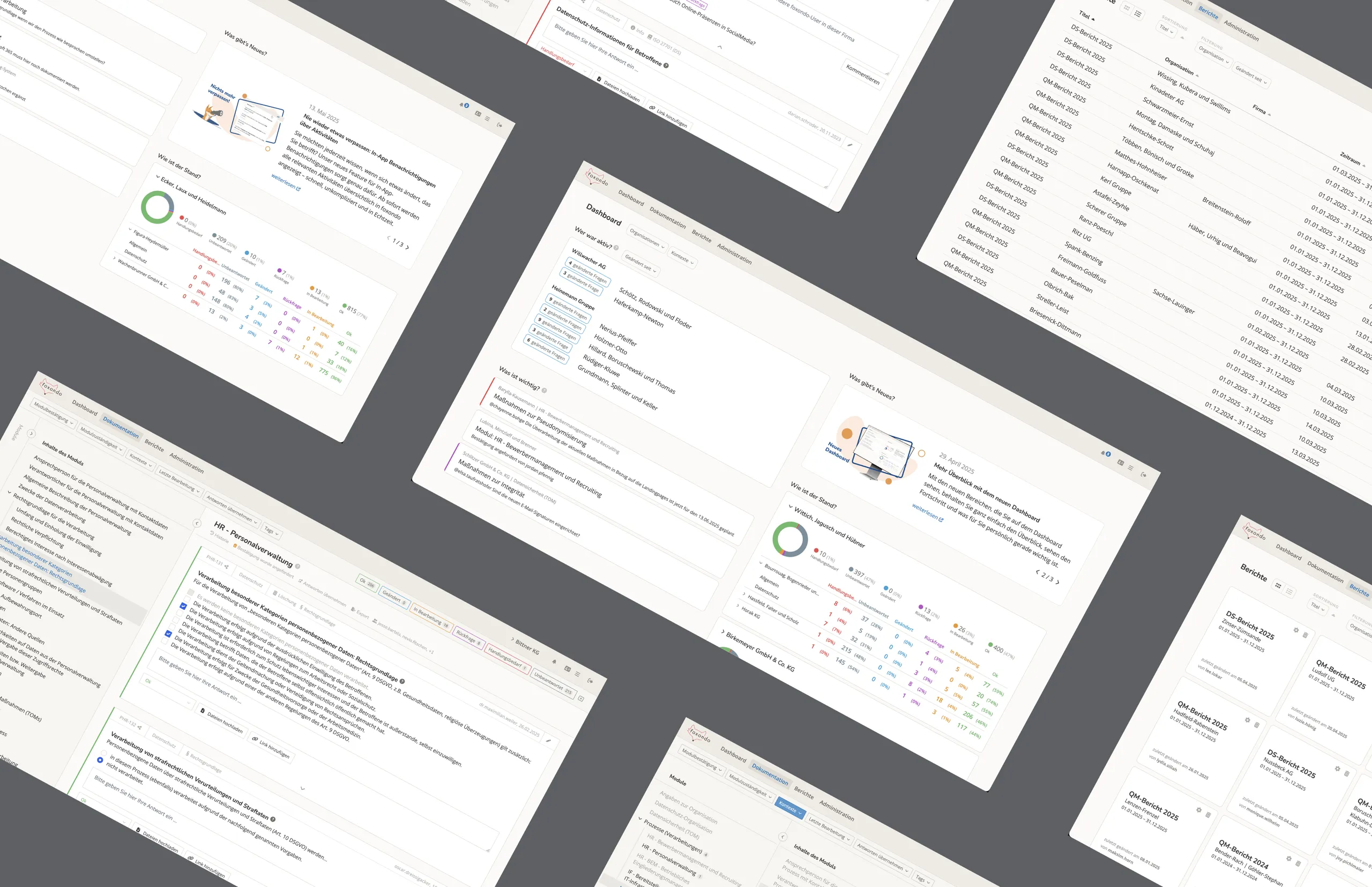 Collage der Benutzeroberflächen von foxondo – Produkt für Datenschutzmanagement in Unternehmen