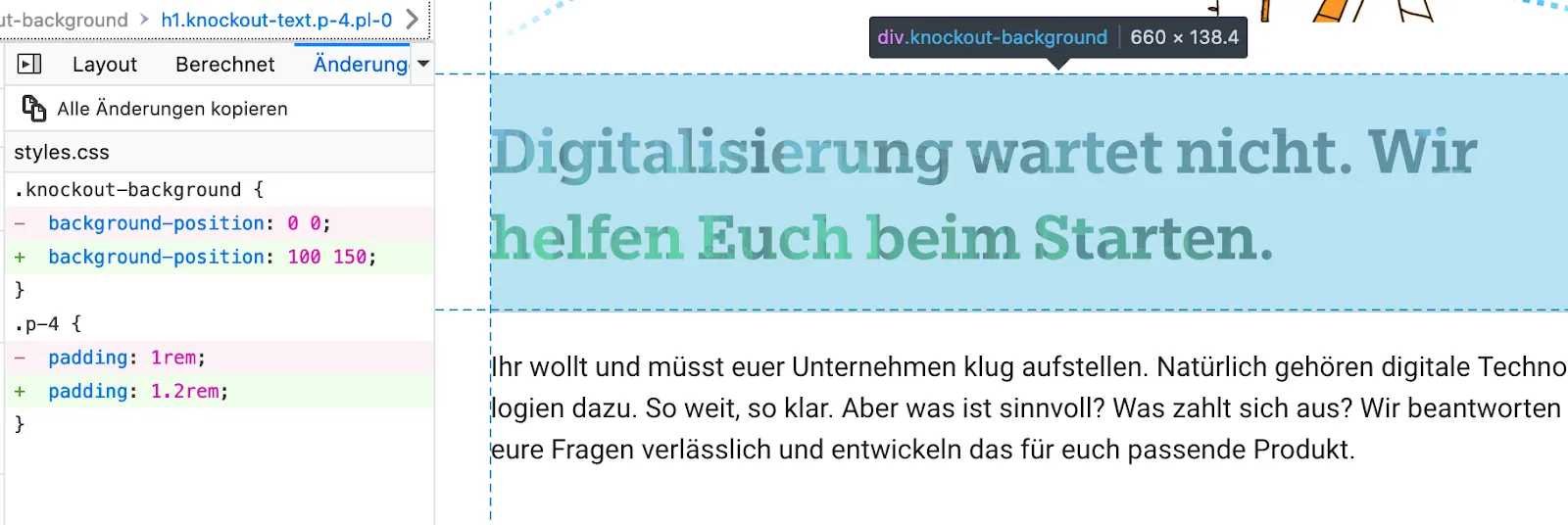Screenshot einer auf CSS untersuchten Website
