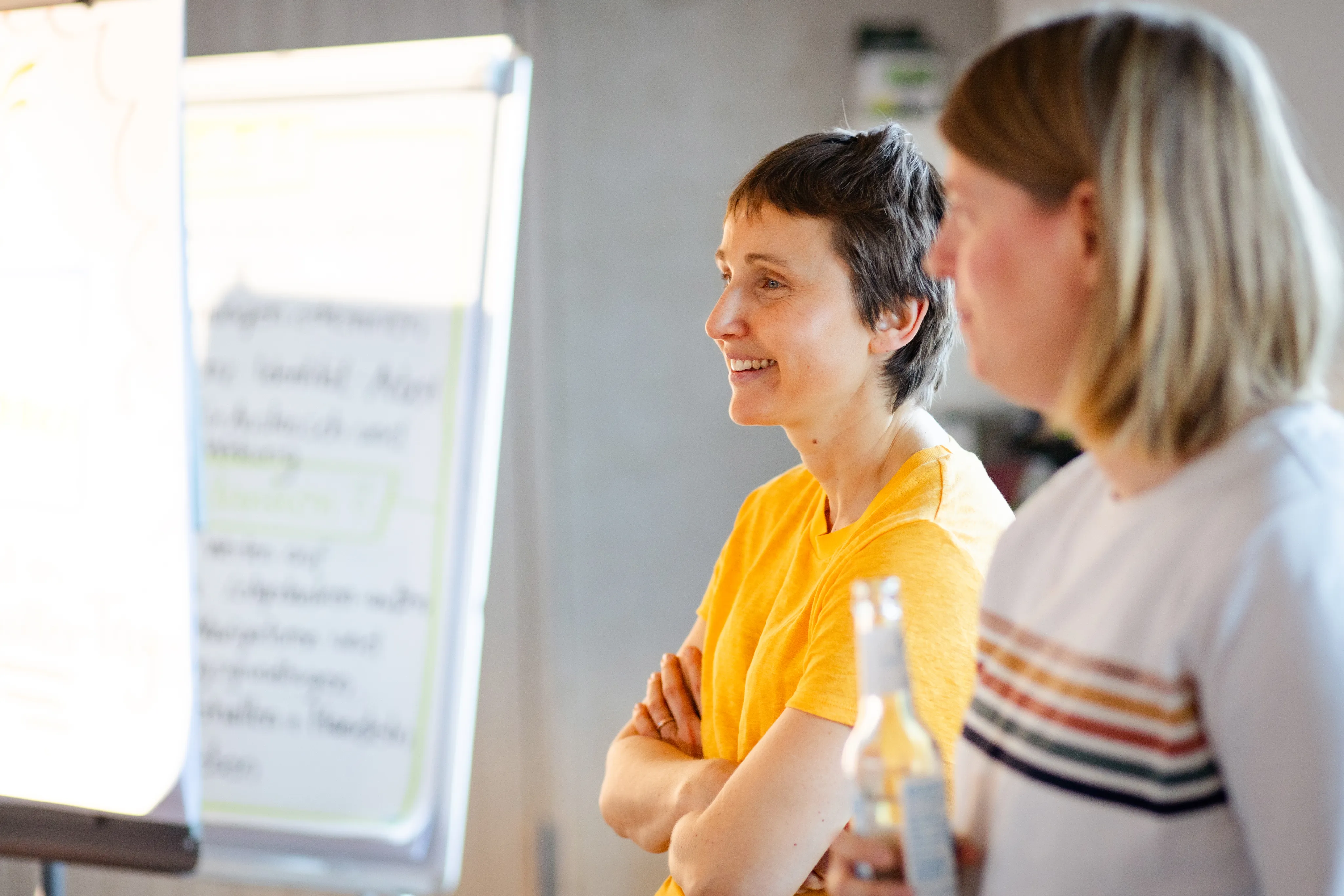 Entwicklungsteam bei Konzeptionsrunde vor einem Flipchart